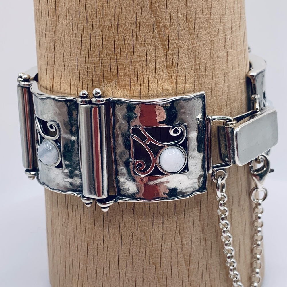 Vintage Sterling Silver Didae Panel Bracelet w/Moonstone Accents & Safety Chain - Picture 3 of 16